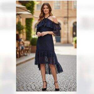 NWT ADELYN RAE Tracy Ruffle Haltnerneck Lace Hem Dress